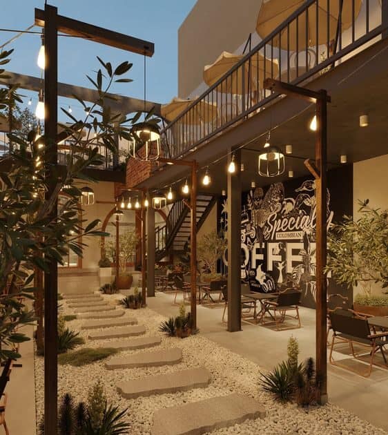 Thi công quán cafe sân vườn hiện đại không gian xanh