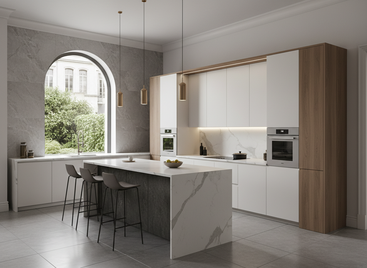 Thiet Ke 3d Phong Bep Nha Pho Dep Tu Bep Chu L Mat Da Quartz Trang Phu Kien Hien Dai