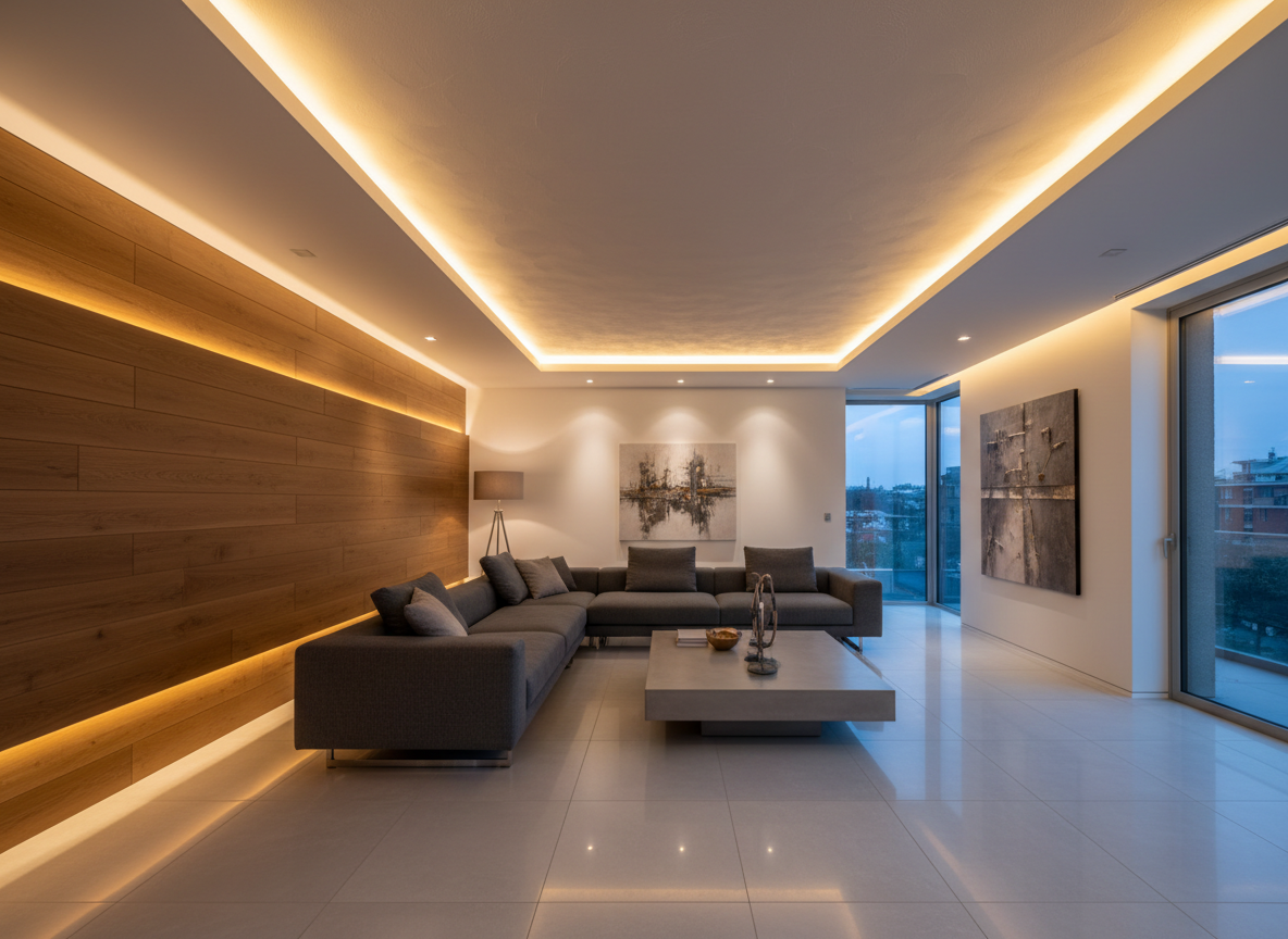 Thiet Ke Anh Sang Phong Khach Nha Pho Hien Dai Den Led Hat Tran Vang Am