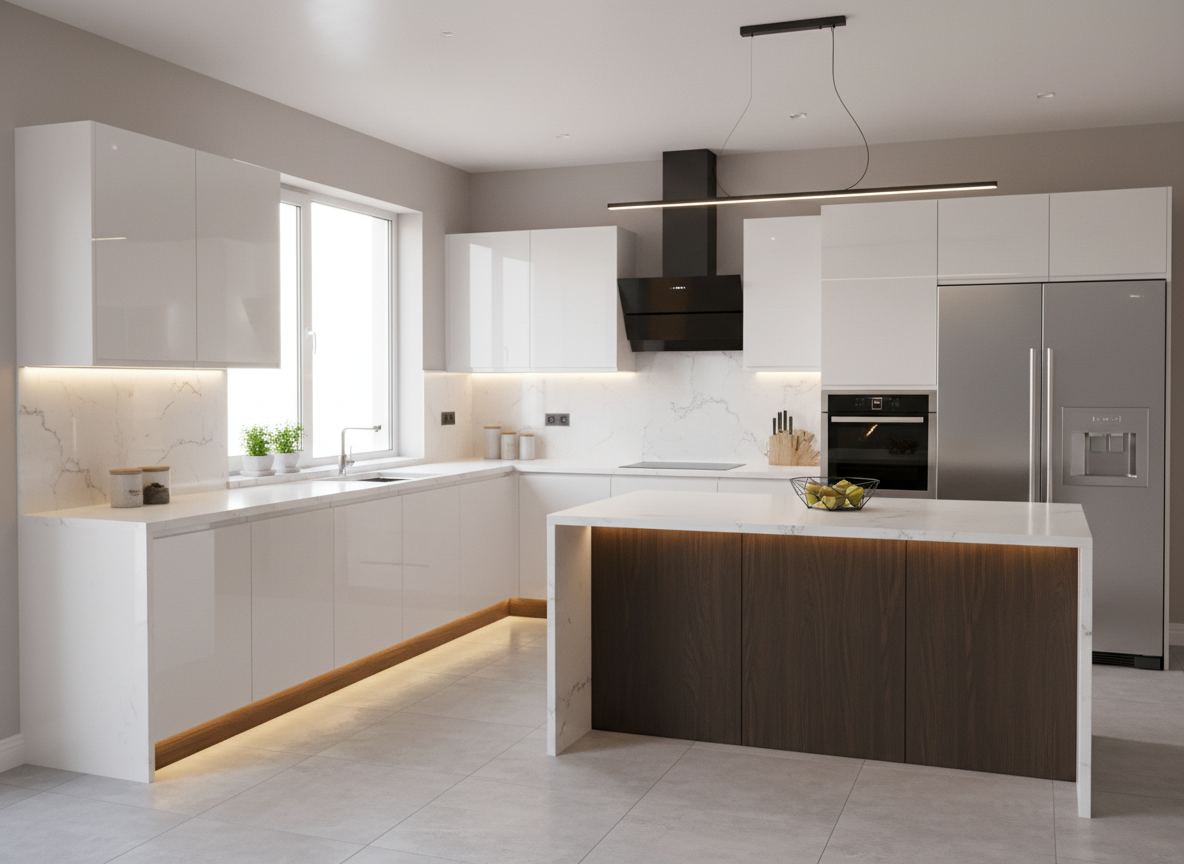 Thiet Ke Bep Nha Pho Bang Go Cong Nghiep Tu Bep Acrylic Bong Guong Mat Da Quartz