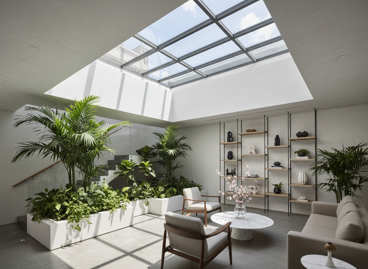 Thiet Ke Gieng Troi Nha Pho Ket Hop Bo Tri Noi That Khoa Hoc Cay Xanh Duoi Gieng Troi