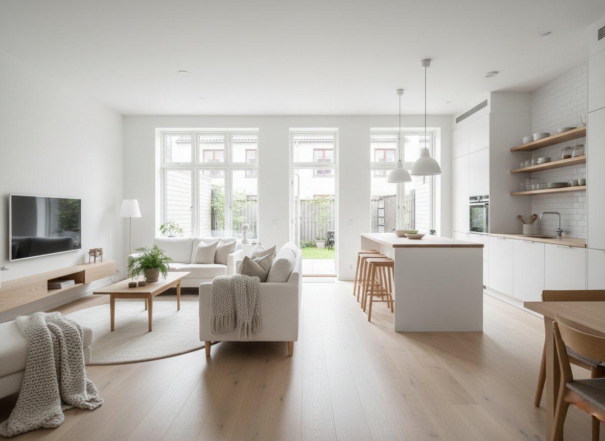 Thiet Ke Khong Gian Mo Nha Pho Phong Cach Scandinavian Phong Khach Va Bep Lien Nhau