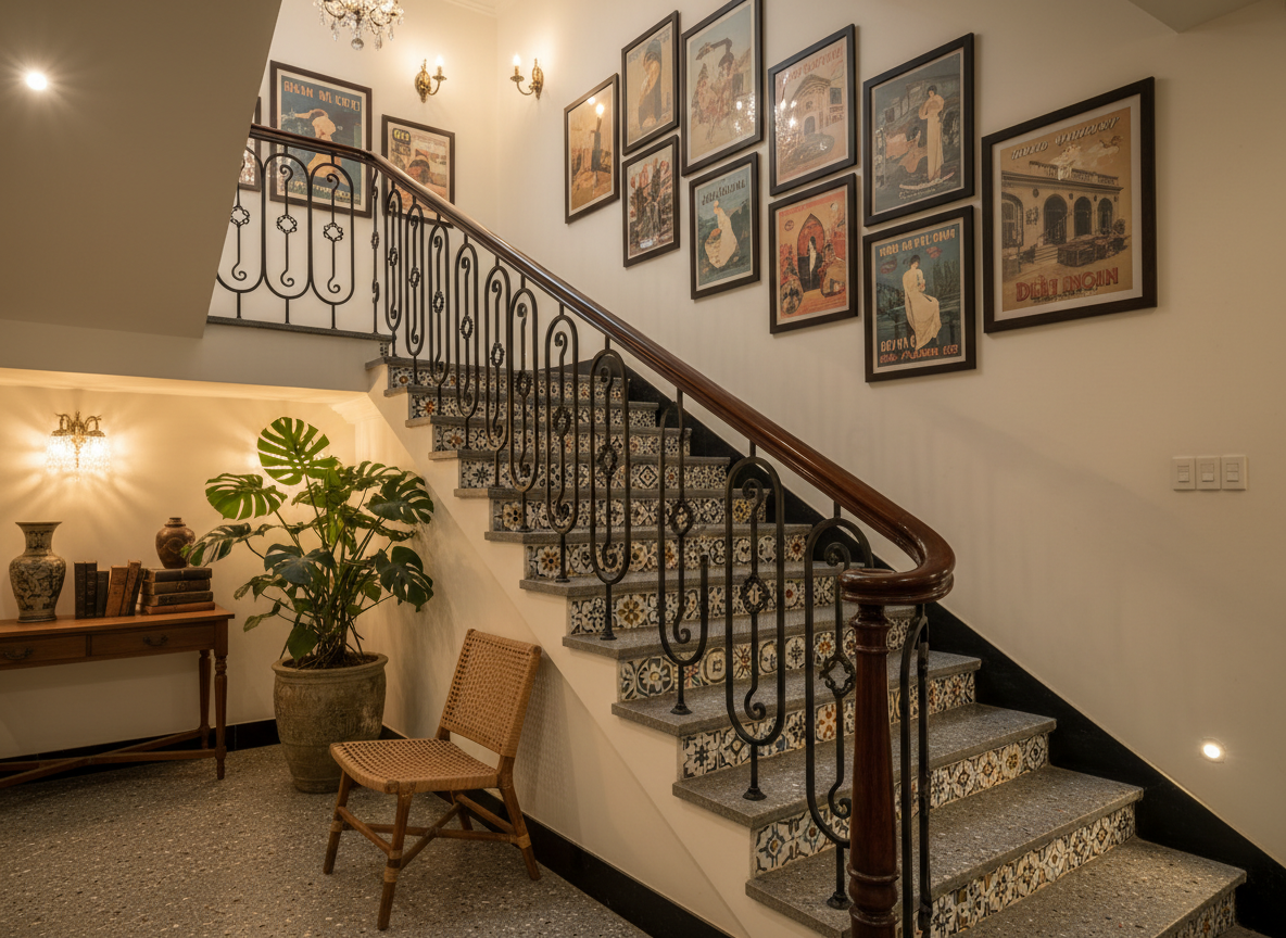 Thiet Ke Khu Vuc Cau Thang Nha Pho Indochine Tay Vin Go Nau Tram Con Tien Sat Den