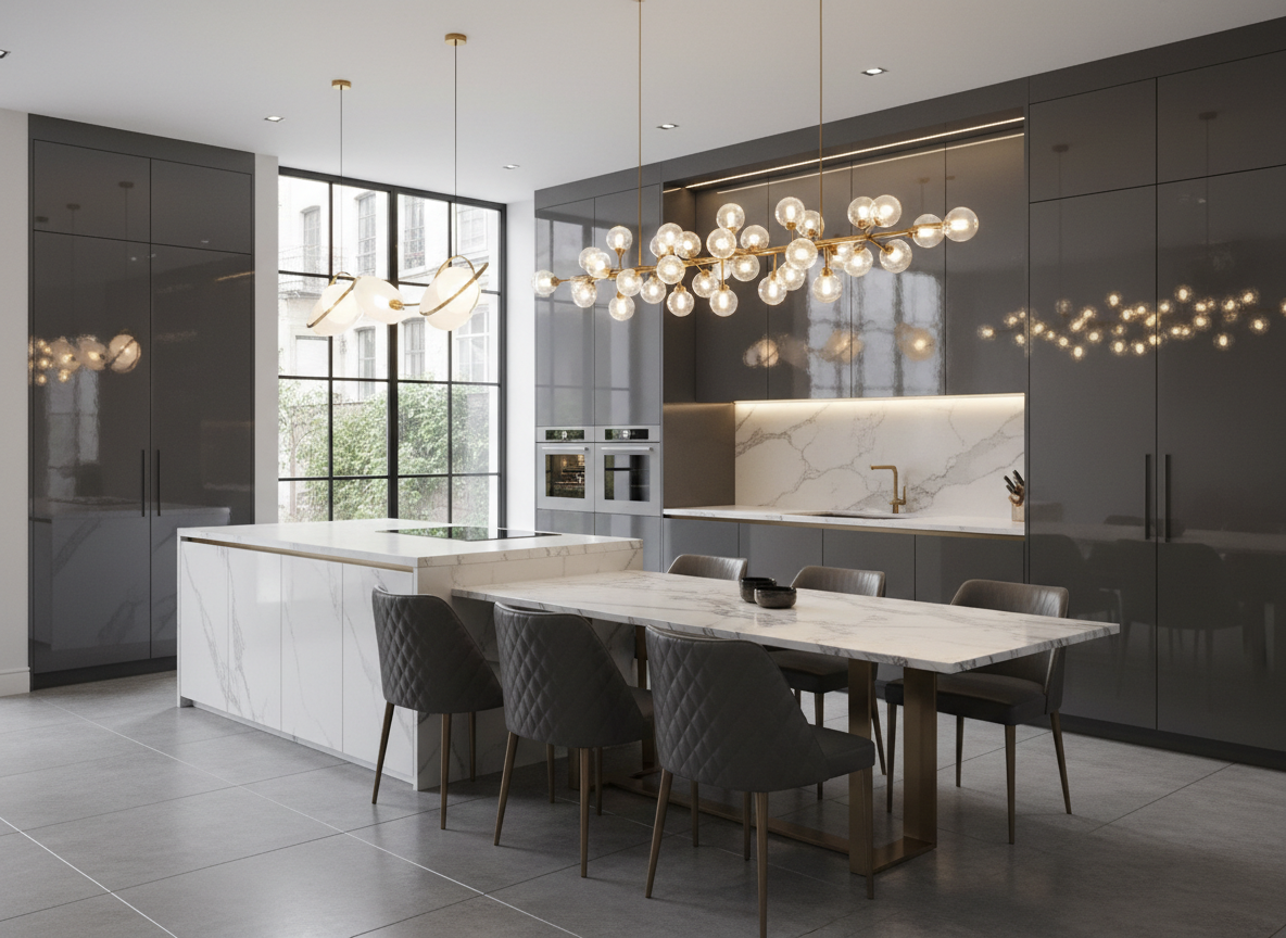 Thiet Ke Phong Bep Nha Pho Luxury Tu Bep Acrylic Bong Guong Mat Da Quartz Trang