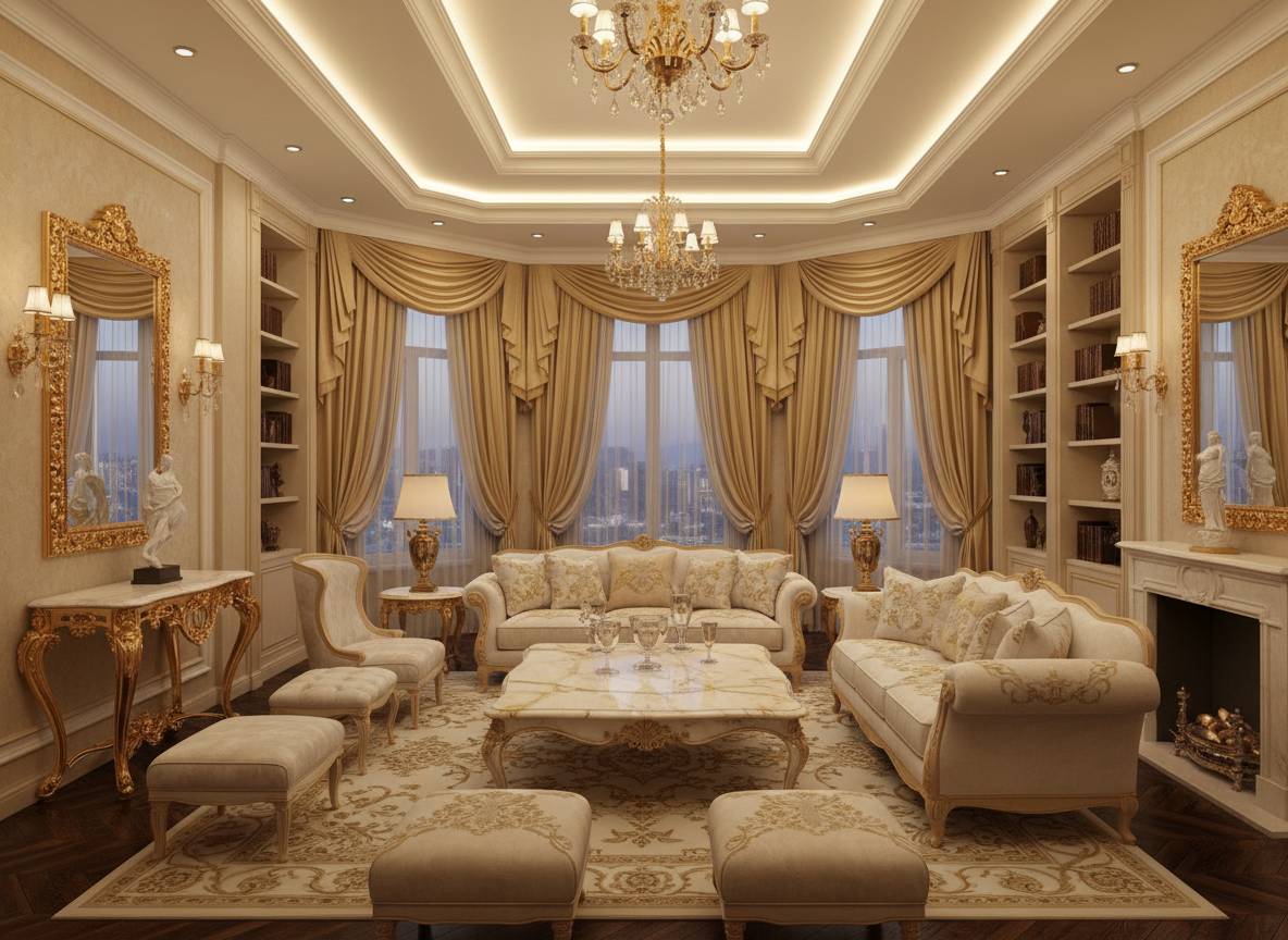 Thiet Ke Phong Khach Luxury Tong Kem Vang Ban Tra Da Marble Rem Hai Lop Mem Mai