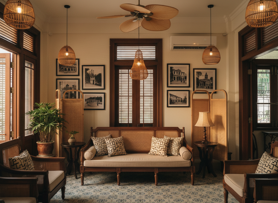 Thiet Ke Phong Khach Nha Pho Phong Cach Indochine Sofa Go Nau Tram Goi Hoa Tiet Ky 1