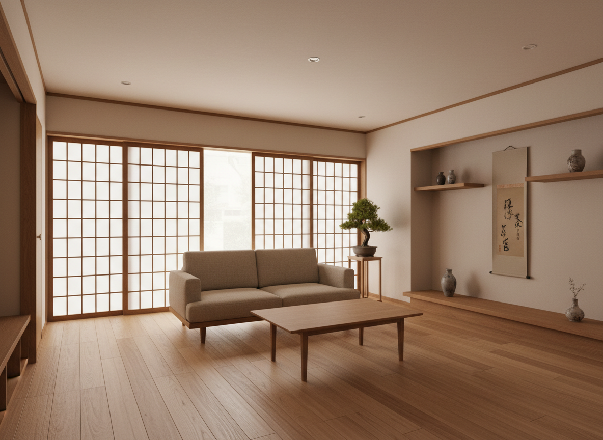 Thiet Ke Phong Khach Nha Pho Phong Cach Nhat Toi Gian San Go Sang Sofa Chan Thap