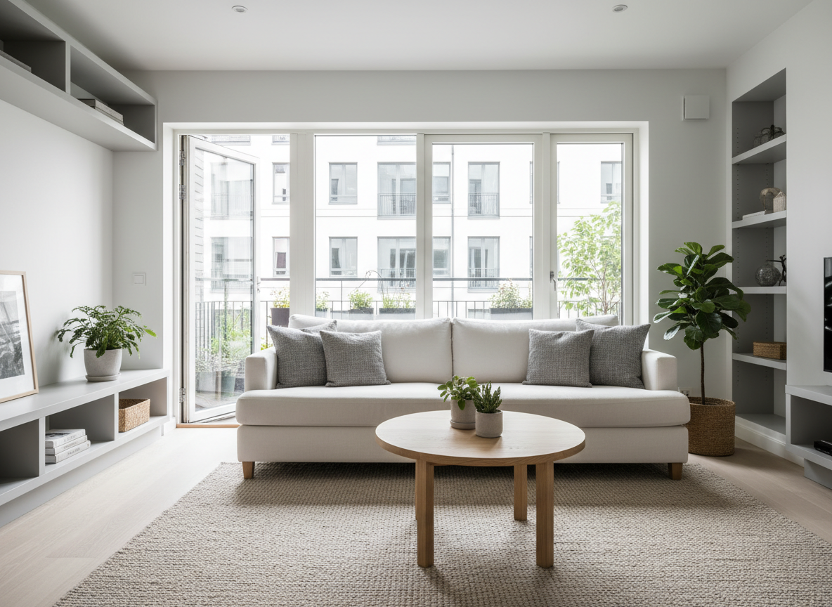 Thiet Ke Phong Khach Nha Pho Phong Cach Scandinavian Gam Mau Trang Xam Go Sang