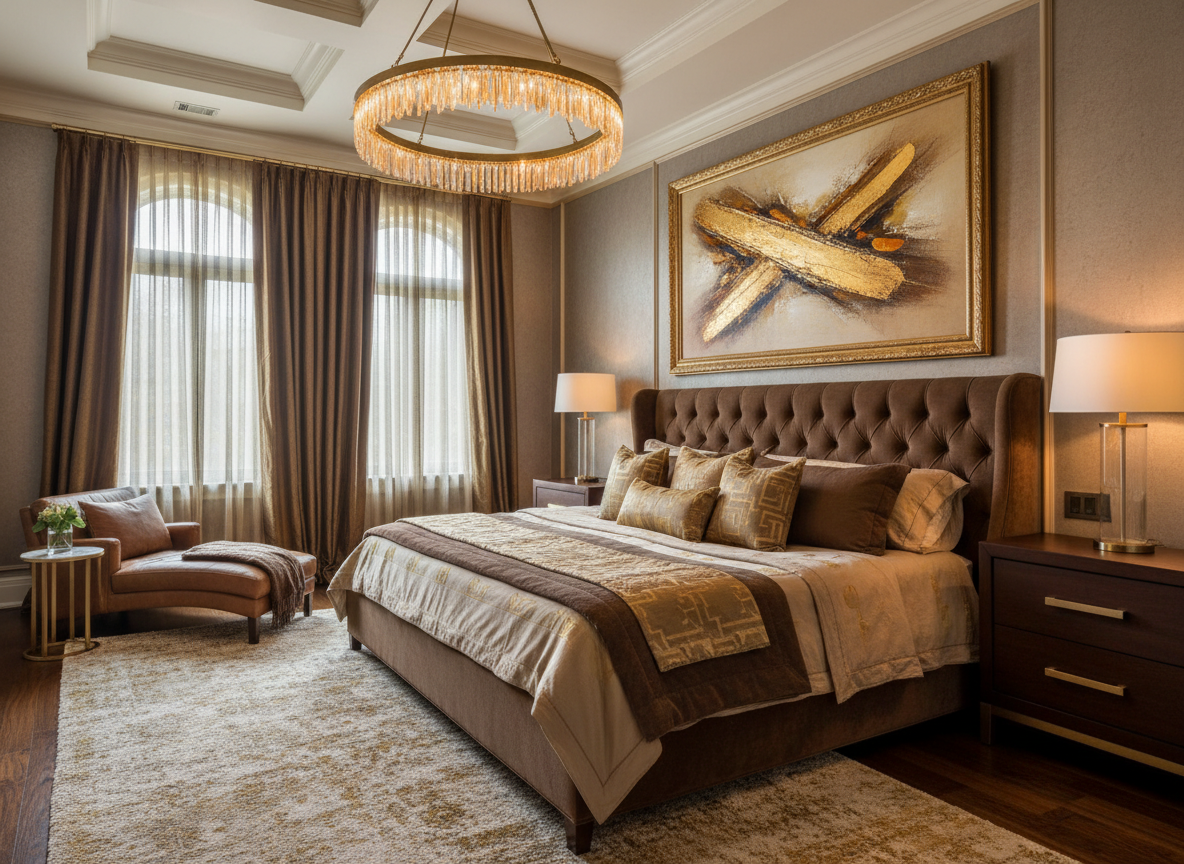 Thiet Ke Phong Ngu Luxury Tong Nau Vang Tab Dau Giuong Ma Vang Tranh Nghe Thuat