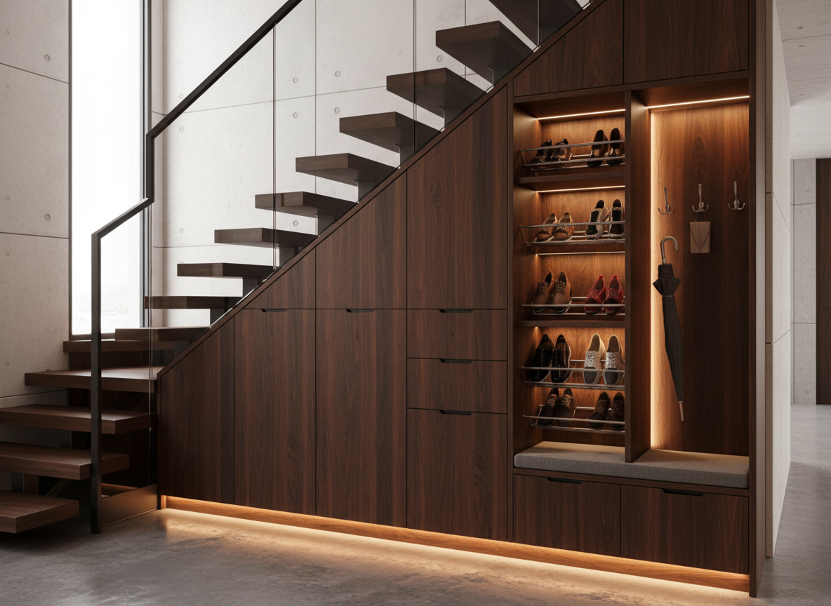 Thiet Ke Tu Giay Nha Pho Duoi Gam Cau Thang Toi Uu Dien Tich Mau Go Tram Sang Trong