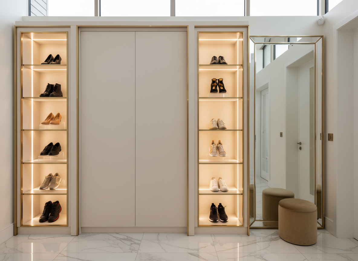 Thiet Ke Tu Giay Nha Pho Kieu Luxury Mau Trang Kem Vien Inox Vang Den Led Hat Doc Thiet Ke Tu Giay Nha Pho Kieu Luxury Mau Trang Kem Vien Inox Vang Den Led Hat Doc