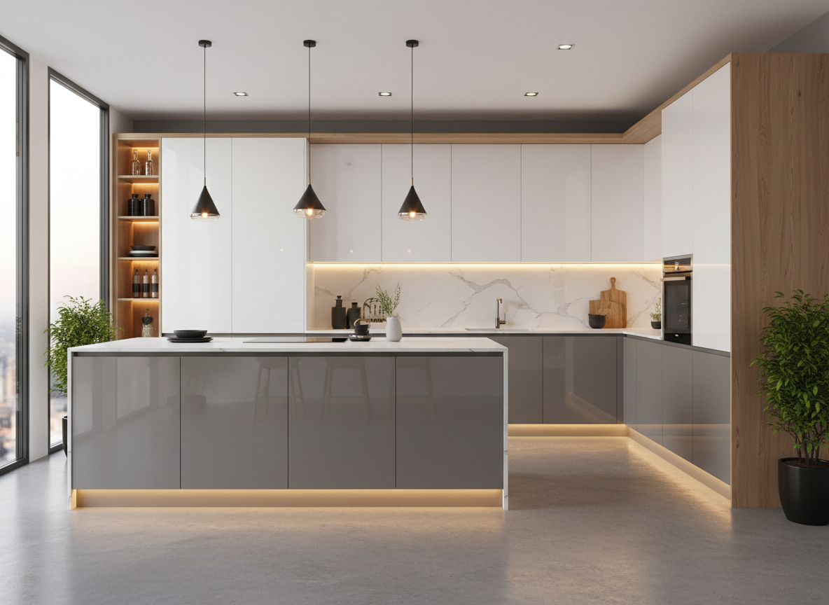 Tu Bep Nha Pho Chat Lieu Acrylic Bong Guong Tong Trang Ghi Go Sang Mat Da Quar