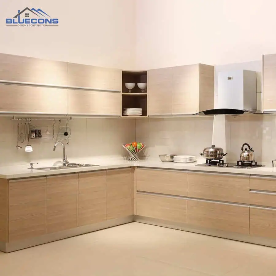 Đóng tủ bếp theo yêu cầu đẹp nhất 2024 tại Bluecons 8 Tủ bếp phủ Melamine phong cách thời thượng