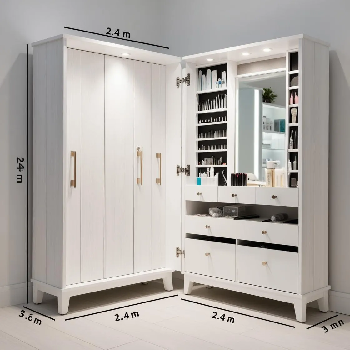 Tủ đựng dụng cụ nail có khóa 4 tủ đựng dụng cụ nail ngang 2.4m cao 3m bằng gỗ màu trắng hiện đại_ (1)