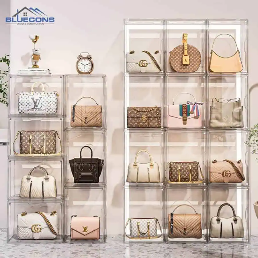 99+ mẫu kệ trưng bày túi xách đẹp, hot nhất 2024 tại Bluecons 8 Tủ kính trưng bày túi xách