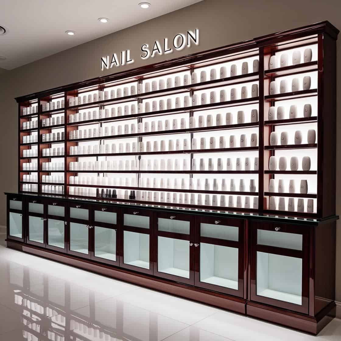 tủ trưng bày sơn móng cho tiệm nail màu trắng dài 6m cao 3m (11)