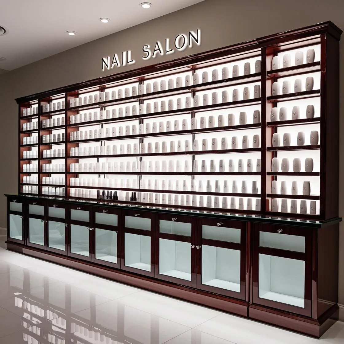 Tủ trưng bày sơn móng cho tiệm nail 12 tủ trưng bày sơn móng cho tiệm nail màu trắng dài 6m cao 3m (11)