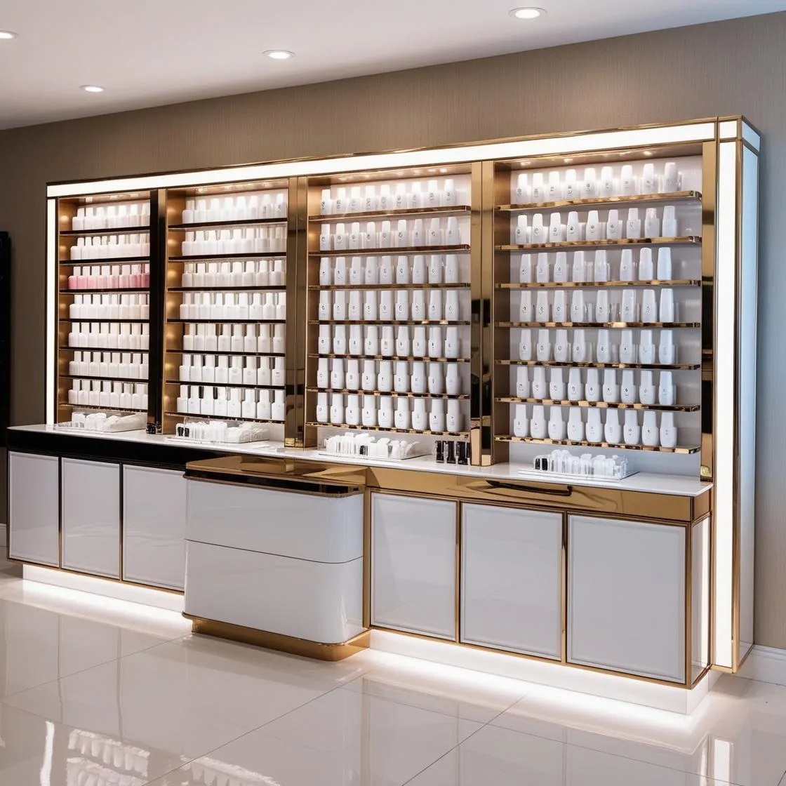 Tủ trưng bày sơn móng cho tiệm nail 13 tủ trưng bày sơn móng cho tiệm nail màu trắng dài 6m cao 3m (12)