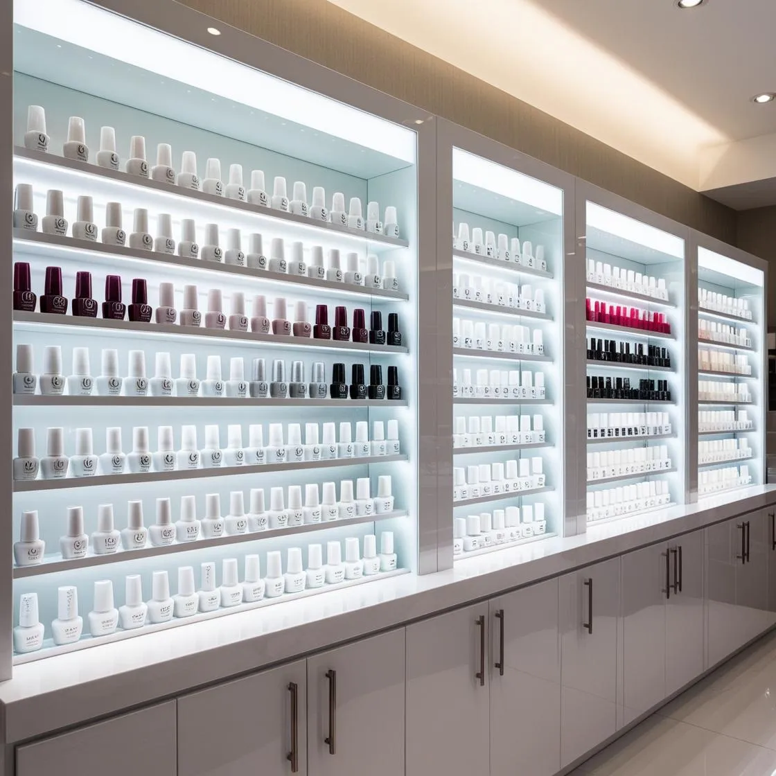 Tủ trưng bày sơn móng cho tiệm nail 15 tủ trưng bày sơn móng cho tiệm nail màu trắng dài 6m cao 3m (14)