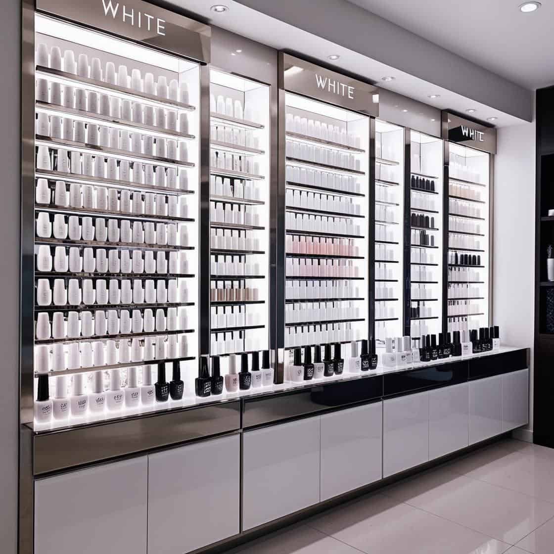 tủ trưng bày sơn móng cho tiệm nail màu trắng dài 6m cao 3m (7)