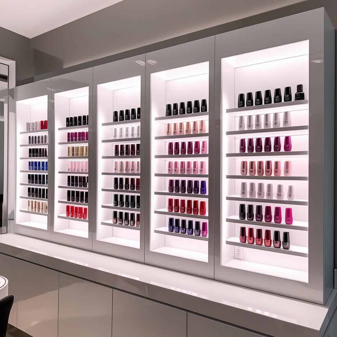 tủ trưng bày sơn móng cho tiệm nail màu trắng hiện đại_