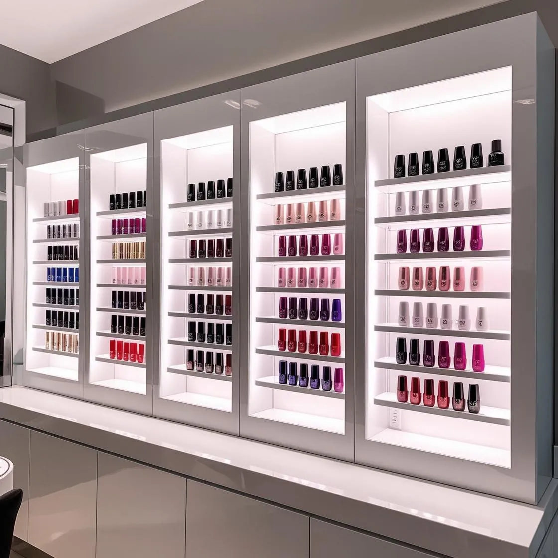 Tủ trưng bày sơn móng cho tiệm nail 20 tủ trưng bày sơn móng cho tiệm nail màu trắng hiện đại_