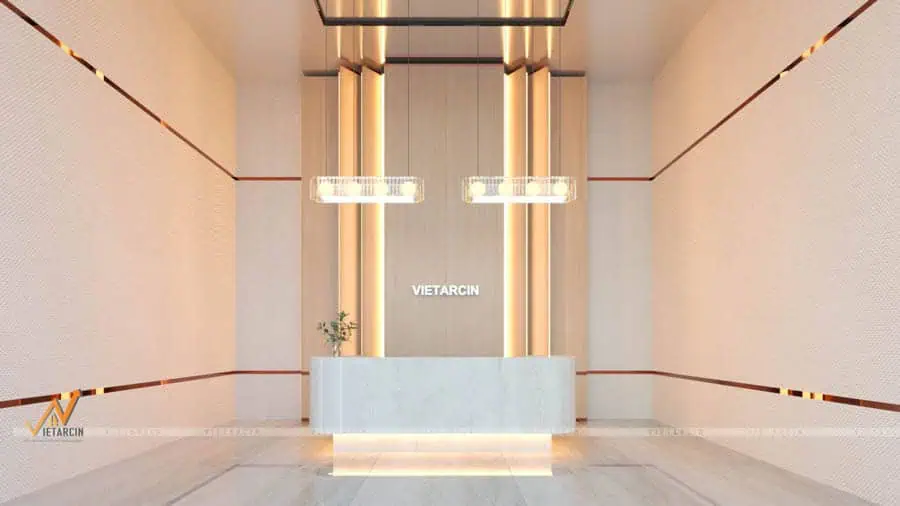 Vách quầy lễ tân kết hợp chất liệu