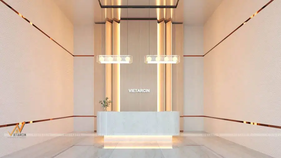 Vách quầy lễ tân sang trọng có logo thương hiệu